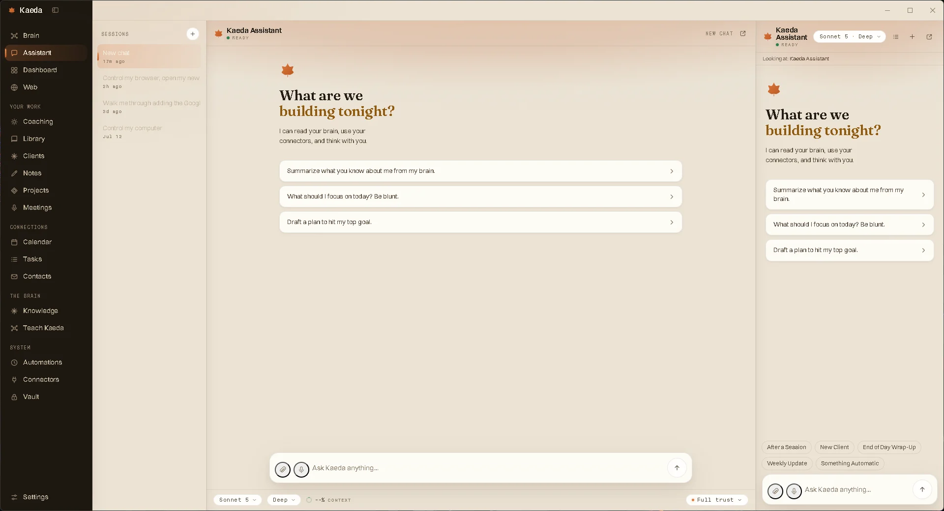 The Kaeda assistant with multiple sessions, a serif greeting, and model and trust controls
