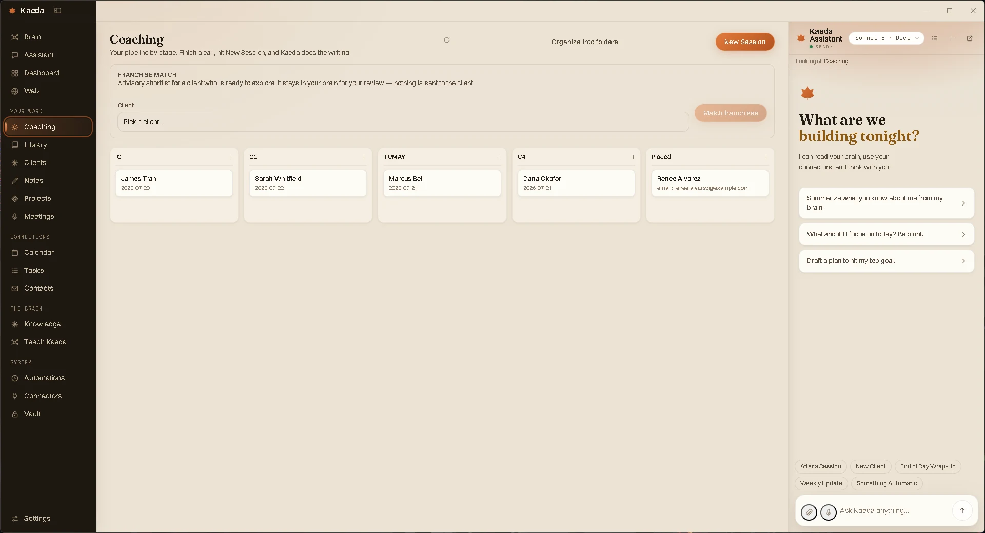 The coaching pipeline board: clients arranged by stage from intro call through placed