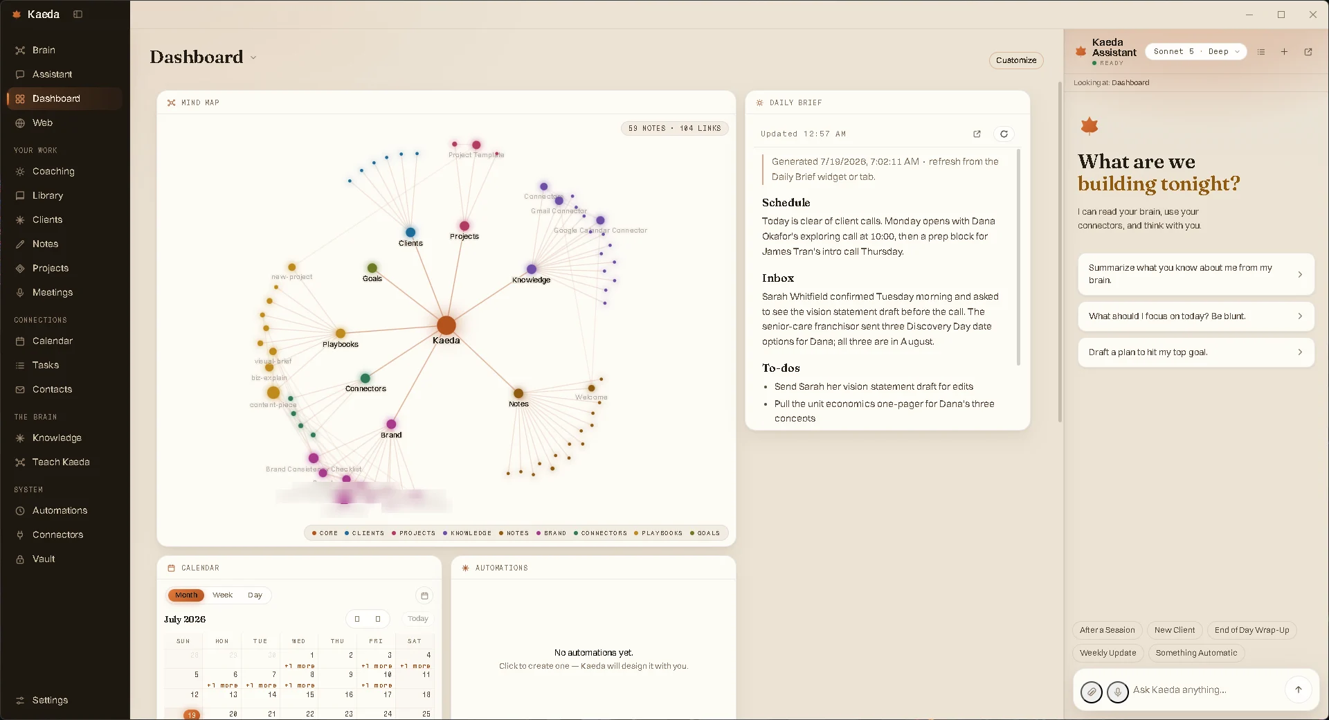 The dashboard: a generated daily brief beside the brain map, calendar, and automations